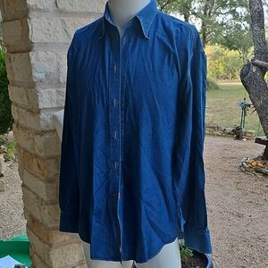 Stubbs Denim Dress Shirt Mens Large L Blue Long Sleeve Western Style Cufflink TX